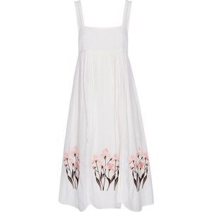 St. Roche White Linen Dress with Pink Embroidered Flowers